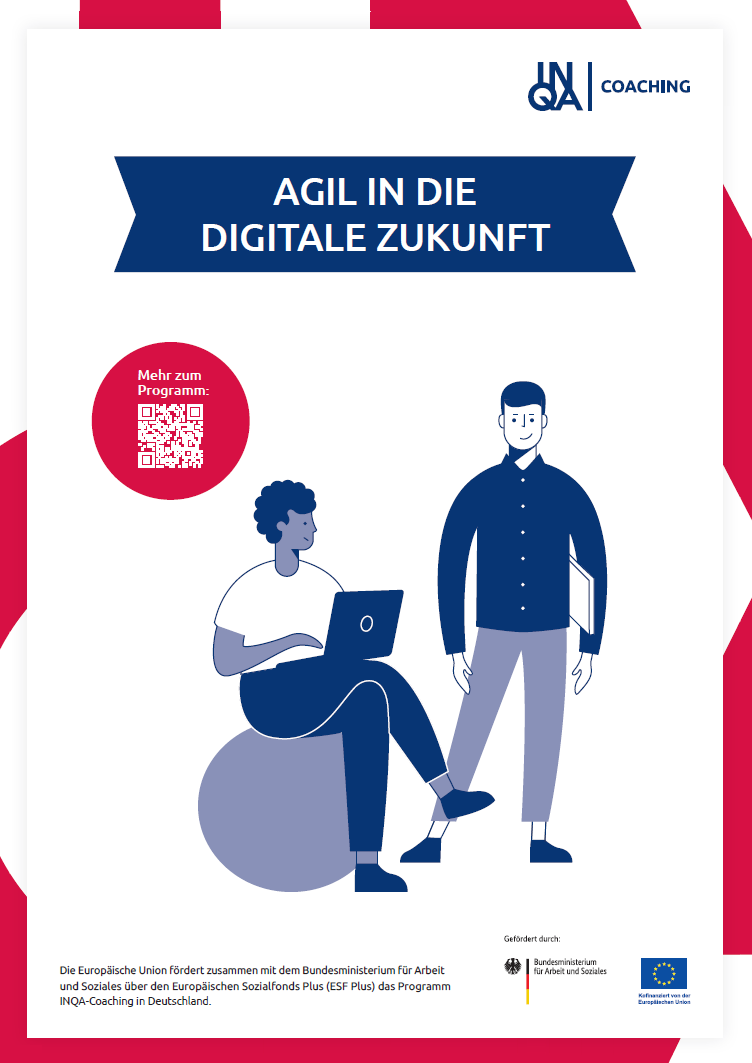 Mann mit Laptop und QR-Code, auffordernd zur digitalen Zukunft.