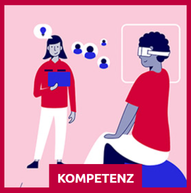 Frau mit Tablet erklärt einem Mann mit VR-Brille in einer interaktiven Lernumgebung.