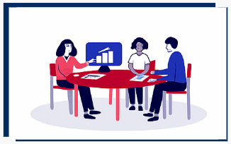 Drei Personen sitzen um einen Tisch und sehen auf ein Diagramm auf einem Bildschirm.