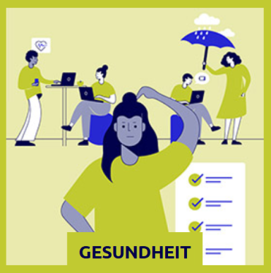 Eine Gruppe von Menschen arbeitet am Computer, während eine Person Stärke symbolisiert.